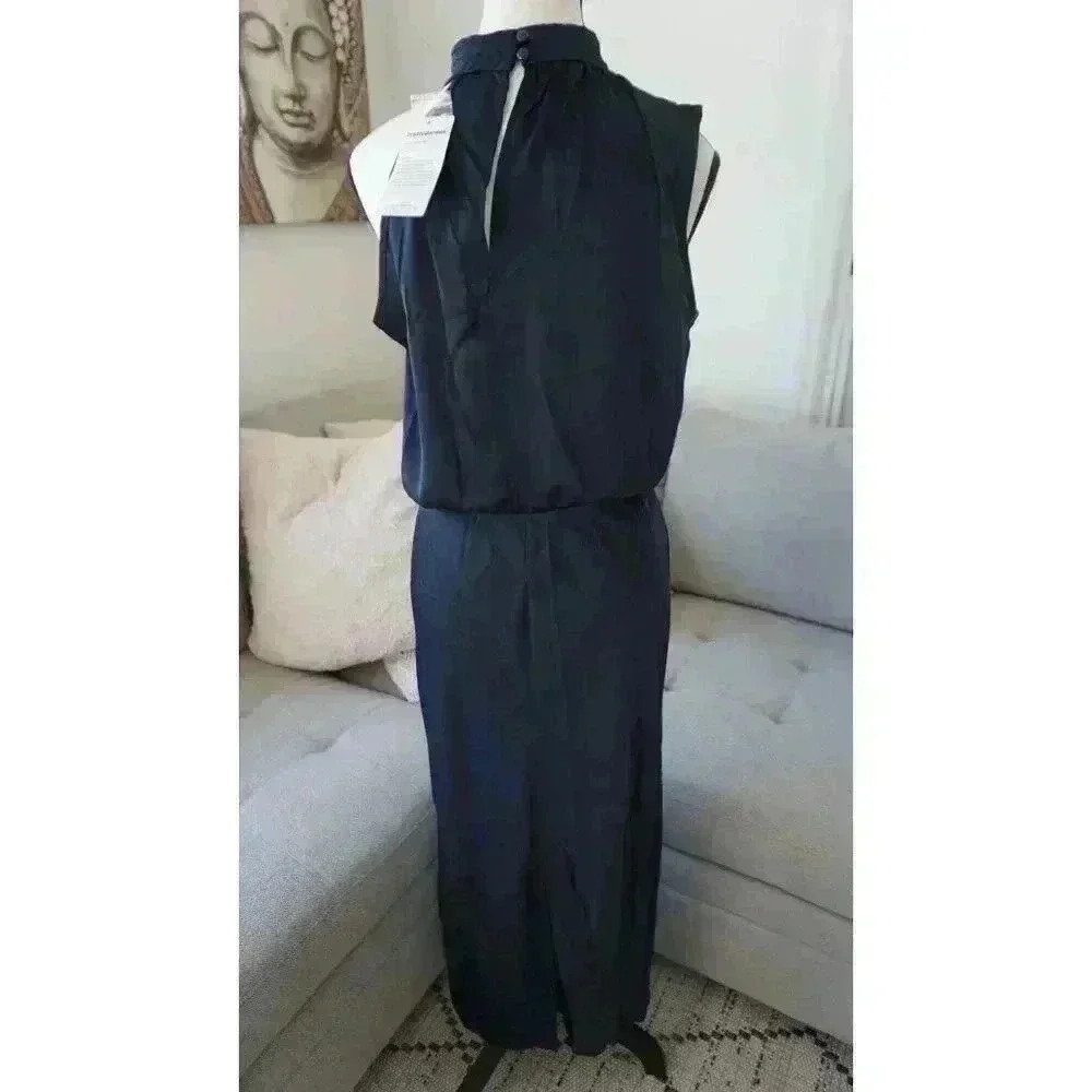 NWT PRETTYGARDEN Navy Satin Elegant Sleeveless Mock Neck Dress, Size M - Picture 12 of 16